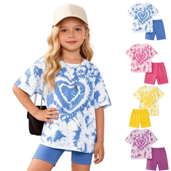 SGMVNU Girls Summer 2 Piece Outfits Tie Dye Short Sleeve Loose T-Shirts and Elastic Waist Biker Shorts Kids Clothing Sets, Size 5-6 Years, Blue