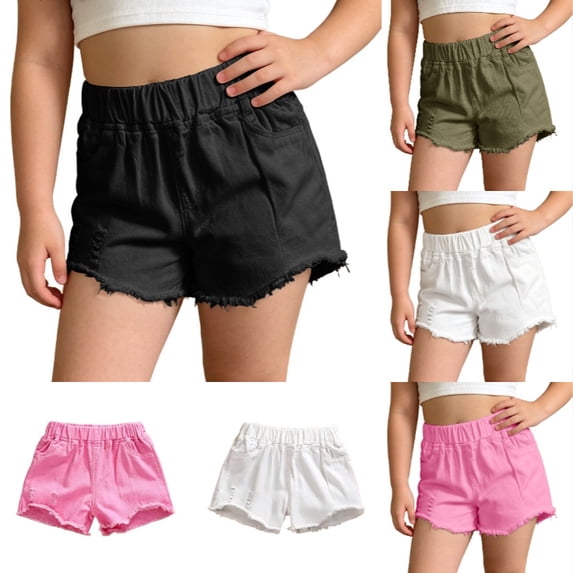 SGMVNU Girls Summer Shorts Casual Distressed Shorts Loose Fit Solid Color Elastic Waist Fashion Bottoms Cotton Play Shorts, Size 5-6 Years, Black