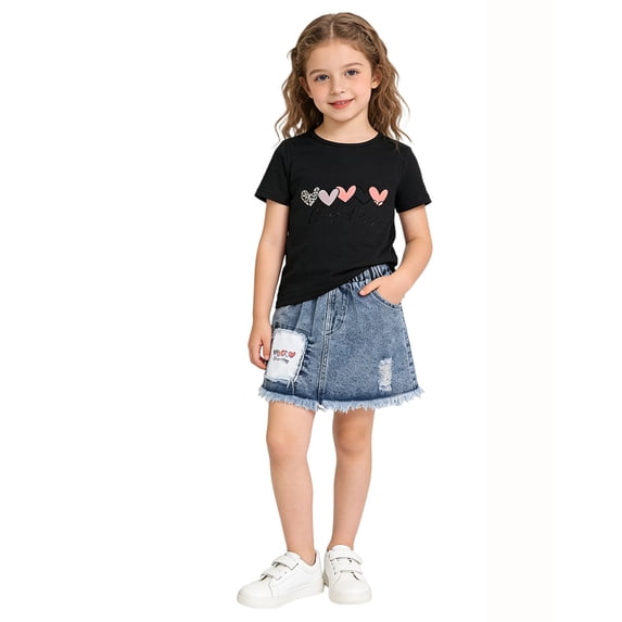 SGMVNU Girls Summer Skirt Set 2 Piece Outfits, Short Sleeve Crew Neck Graphic Tee Top and A Line Mini Jean Skirt, Size 4-5 Years, A2-Black