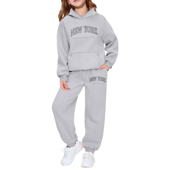 SGMVNU Girls Sweatsuit 2 Piece Outfits Boys Pullover Hoodie and Sweatpants with Pockets Fall Winter Outfits for Kids, Size 11-12 Years, Light Gray