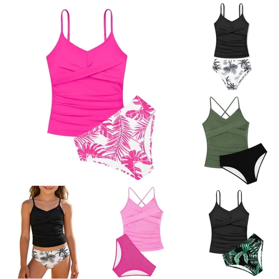 SGMVNU Girls Swimsuit 2 Piece Bathing Suit Criss Cross Ruched Tankini Top with Brief Swim Bottom Tropical Print Swimwear, Size 13-14 Years, A-Hot Pink