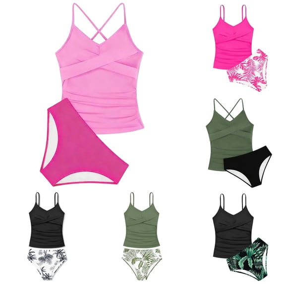 SGMVNU Girls Swimsuit 2 Piece Bathing Suit Criss Cross Ruched Tankini Top with Brief Swim Bottom Tropical Print Swimwear, Size 8-9 Years, C-Hot Pink