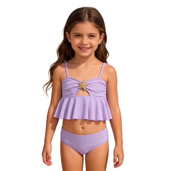 SGMVNU Girls Swimsuit 2 Piece Ruffled Bikini Set Floral/ Tropical Print Swimwear Set Summer Beach Bathing Suit for Age 6-7 Years, H2-Purple