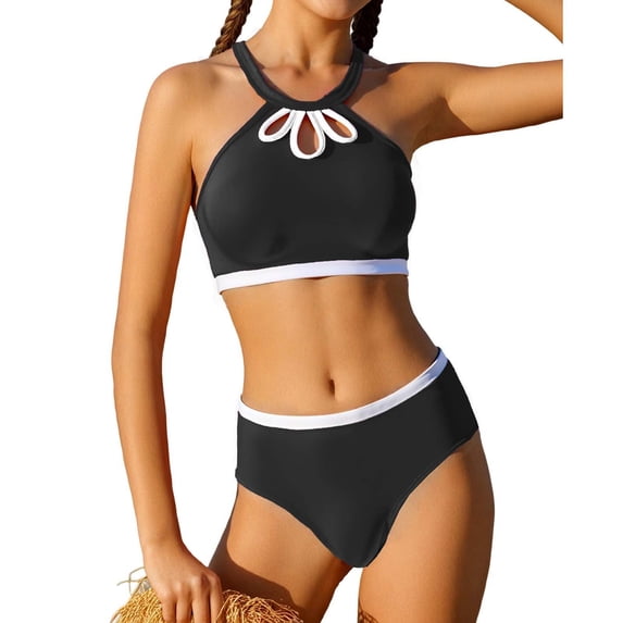 SGMVNU Girls Swimsuit 2 Piece Ruffled Bikini Set Girls Bathing Suits Size 10/12 Floral/ Tropical Print Swimwear Set Summer Beach Bathing Suit, Size 8-9 Years, 7-Black