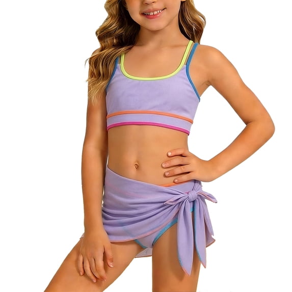 SGMVNU Girls Swimsuit Bikini Set with Cover up Wrap Skirt 3 Piece Swimwear Set V Neck Ruffle Bathing Suits for Teen Girl for Age 15-16 Years, H1-Light Purple