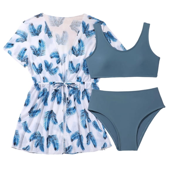 SGMVNU Girls Swimsuit with Kimono Cover up Girls Bathing Suits Size 10/12 3 Piece Swimwear Set Summer Beach Wear Floral Print Teens Bathing Suit, Size 8-9 Years, 1-Blue
