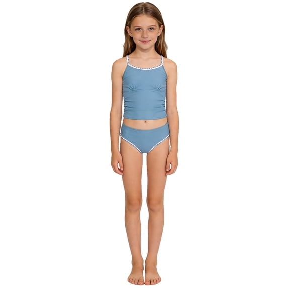 SGMVNU Girls Swimsuit Tankini Set Solid Color Contrast Trim Two Piece Swimwear Girl Tankini Size 12 Padded Bathing Suit, Size 11-12 Years, 3-Sky Blue
