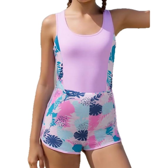 SGMVNU Girls Swimsuit Tankini Set Two Piece Bathing Suit Girl Swimsuit Size 7 Tropical Full Coverage Swimwear with Shorts, Size 6-7 Years, Purple
