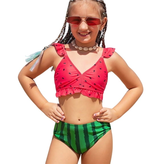SGMVNU Girls Swimsuit Two Piece Ruffle Bathing Suit Girls Swimwear 4-16 Girl Cute Bikini Set Adjustable Straps Summer Beach Swimwear, Size 9-10 Years, 1-Watermelon Red