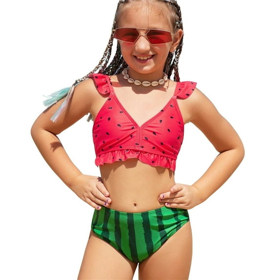 SGMVNU Girls Swimsuit Two Piece Ruffle Bathing Suit Toddler Girls Swimwear Girl Cute Bikini Set Adjustable Straps Summer Beach Swimwear, Size 8-9 Years, 1-Watermelon Red
