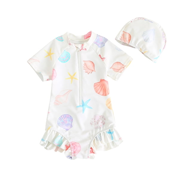 SGMVNU Girls Swimsuit with Cap Two Piece Swimwear Set Girls Swimsuit Size 18 Cute Floral/Cartoon Bathing Suit Sunsuit, Size 4-5 Years, 3-White