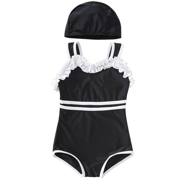 SGMVNU Girls Swimsuit with Cap Two Piece Swimwear Set Girls Swimwear 10-12 Cute Floral/Cartoon Bathing Suit Sunsuit, Size 4-5 Years, 5-Black
