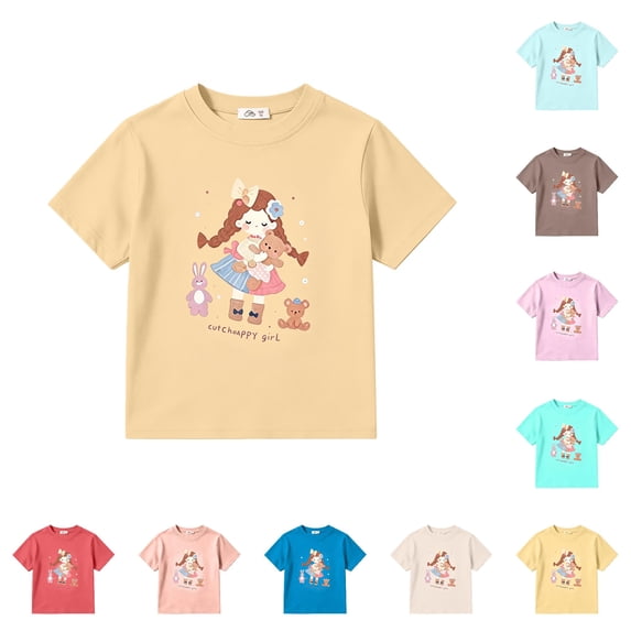 SGMVNU Girls T Shirts Casual Relaxed Fit Crew Neck Short Sleeve Cute Cartoon Girl Graphic Top Kids Summer Clothes, Size 10-11 Years, Light Yellow