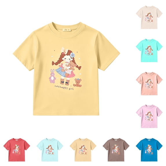 SGMVNU Girls T Shirts Casual Relaxed Fit Crew Neck Short Sleeve Cute Cartoon Girl Graphic Top Kids Summer Clothes, Size 6-7 Years, Yellow
