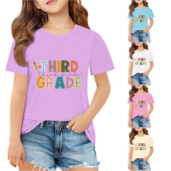 SGMVNU Girls Third Grade T Shirts Short Sleeve Crew Neck Cute Graphic Tees Soft Summer Back to School Clothes, Size 11-12 Years, Purple