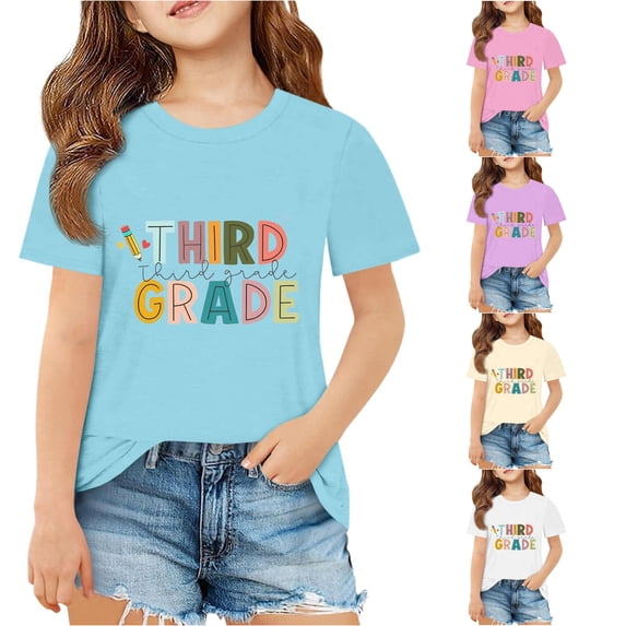 SGMVNU Girls Third Grade T Shirts Short Sleeve Crew Neck Cute Graphic Tees Soft Summer Back to School Clothes, Size 7-8 Years, Blue