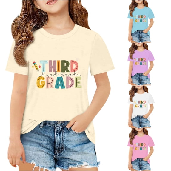 SGMVNU Girls Third Grade T Shirts Short Sleeve Crew Neck Cute Graphic Tees Soft Summer Back to School Clothes, Size 9-10 Years, Beige
