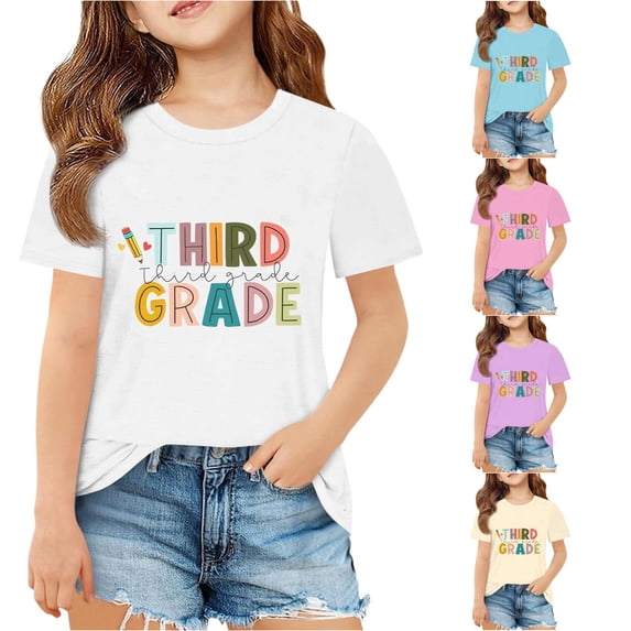 SGMVNU Girls Third Grade T Shirts Short Sleeve Crew Neck Cute Graphic Tees Soft Summer Back to School Clothes, Size 9-10 Years, White