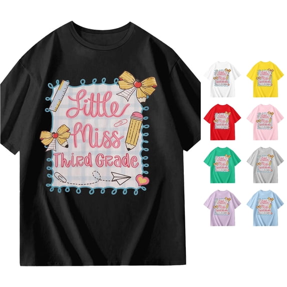 SGMVNU Girls Third Grade T Shirts Short Sleeve Crew Neck Relaxed Fit Graphic Shirt Tops Back to School Clothes, Size 5-6 Years, Black