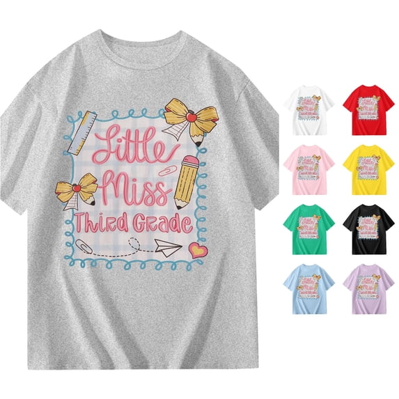 SGMVNU Girls Third Grade T Shirts Short Sleeve Crew Neck Relaxed Fit Graphic Shirt Tops Back to School Clothes, Size 5-6 Years, Grey