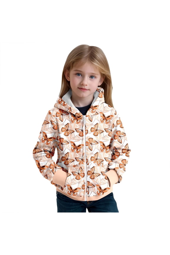 Girls and Toddlers' Butterflies Printed Hoodie Sweatshirt with Two Pocket, Long Sleeves Graphic Sweatshirts Zip up Hooded Jackets, Orange, 13-14 Years