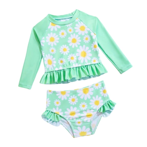 SGMVNU Girls Two Piece Rash Guard Swimsuit Girls Swimwear 4-16 Long Sleeve Swimwear with Bikini Ruffles Bottoms Summer Beach Bathing Suit, Size 12-18 Months, Light Green-B