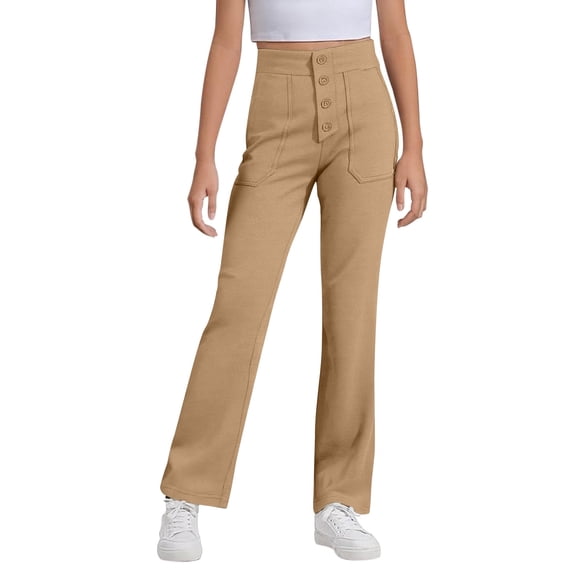 SGMVNU Girls Uniforms Pants Teen School Flare Flared Trousers Size 6-15 Years Comfortable Tailored Look For Academic Wear Cute Pants for Girl(Size 11-12 Years,Khaki)