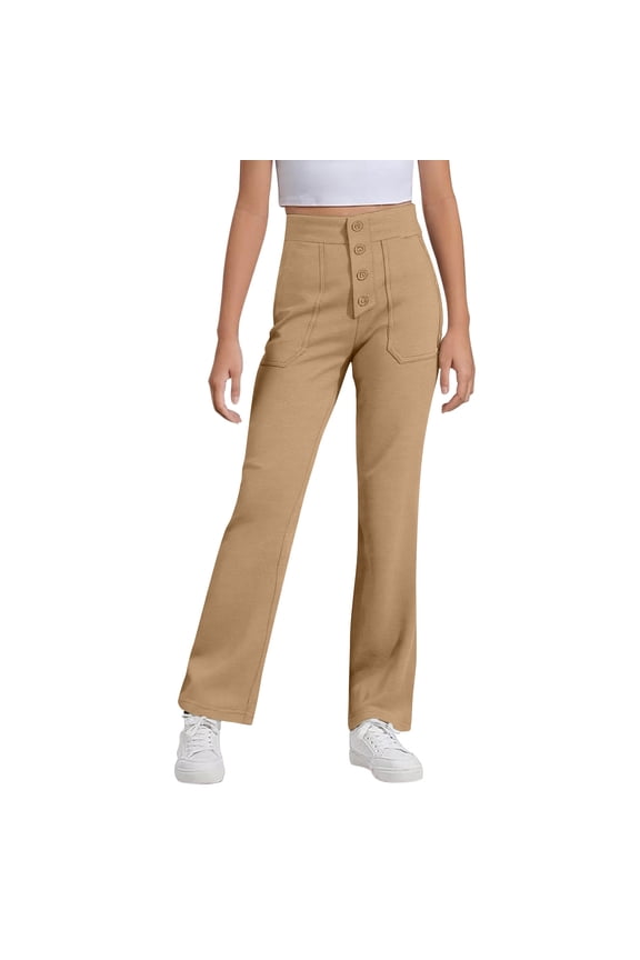 Girls Uniforms Pants Teen School Flare Flared Trousers Size 6-15 Years Comfortable Tailored Look For Academic Wear Cute Pants for Girl(Size 13-14 Years,Khaki)