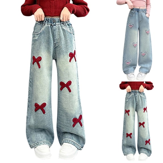 SGMVNU Girls Wide Leg Jeans with Embroidery, Elastic Waist Fashion Denim Pants for Little/ Girls Preppy Clothes, Size 9-10 Years, Blue#1