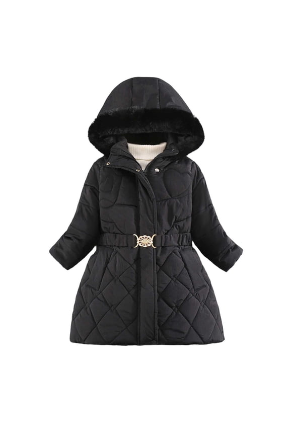 Girls Winter Coat Parka Jackets Kids Snow Puffer Jacket Warm Hooded Outwear with Waist Belt and Pockets, Zipper and Snap Button Closure, Black, 5-6 Years