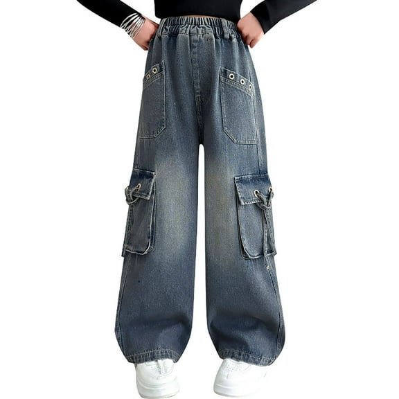 SGMVNU Girls' Work Pants Autumn Style Denim Pants Loose Wide Leg Casual Pants Suitable for 4-15 Years Old Comfortable Wear Gifts for Girls(Size 14-15 Years,Blue)