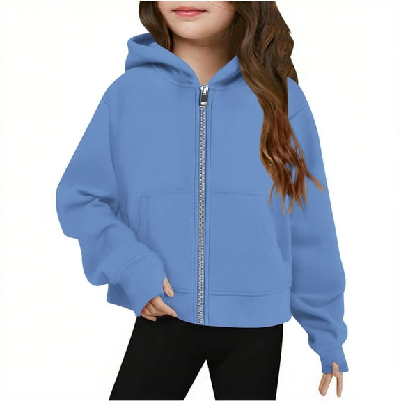SGMVNU Girls Zip up Cropped Hoodies Casual Long Sleeve Full Zipper Sweatshirts Jackets with Pockets Fall Outerwear Size 5-6 Years, Color lz1023_D-Blue