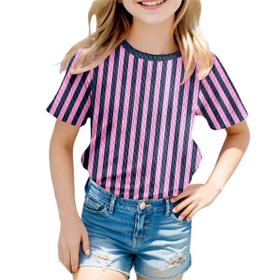 SGMVNU Graphic Tees for Boys Girls Kids Girls Casual Tops Size 7 Casual Stripes Short Sleeve Crewneck T-Shirts Loose Fit Summer Outfit Workout Tops(Size 7-8 Years,Light Pink)