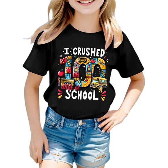 SGMVNU Graphic Tees for Boys Girls Kids Girls Short Sleeve Tops Size 8 Casual Short Sleeve Crewneck Print T-Shirts Summer Outfit 100 Days of School Shirts(Size 3-4 Years,Black)