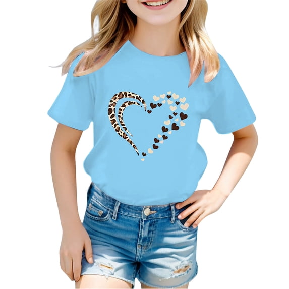 SGMVNU Graphic Tees for Girls Casual Loose Fit Short Sleeve Heart Prints Tshirts Summer Crewneck Tops Back to School Kids Clothes, Size 9-10 Years, Blue