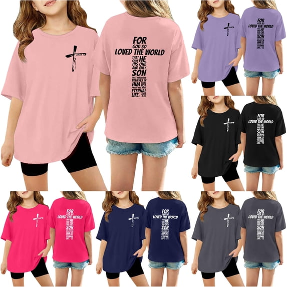 SGMVNU Graphic Tees for Kids Casual Loose Round Neck Short Sleeved with Back Letter Graphic Top Fashion Clothes, Size 11-12 Years, Light Pink