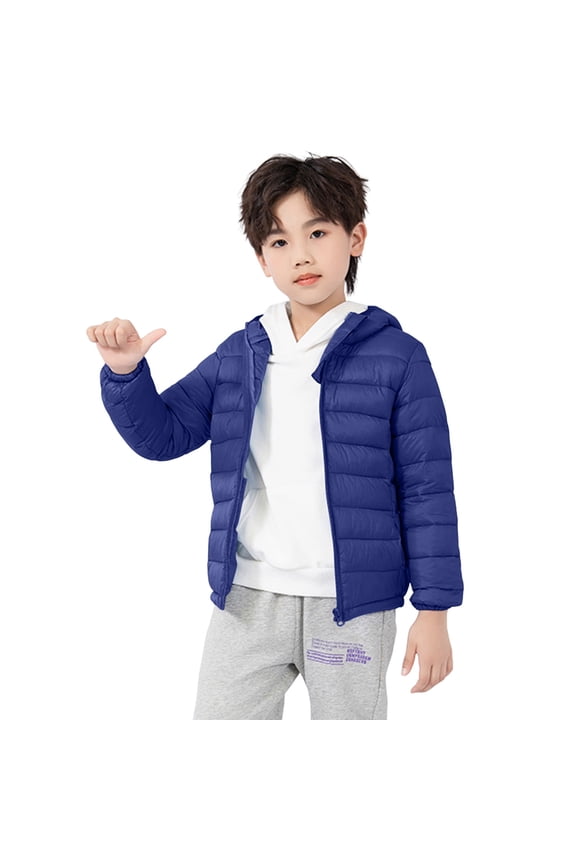 Hooded Puffer Jacket for Boys Girls, Light Weight Packable Down-Alternative Warm Coat, Winter Outerwear for Kids, Zipper Puffer Jackets with Pockets, Blue, 8-9 Years