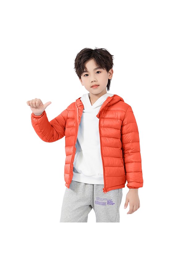 Hooded Puffer Jacket for Boys Girls, Light Weight Packable Down-Alternative Warm Coat, Winter Outerwear for Kids, Zipper Puffer Jackets with Pockets, Orange, 18-24 Months