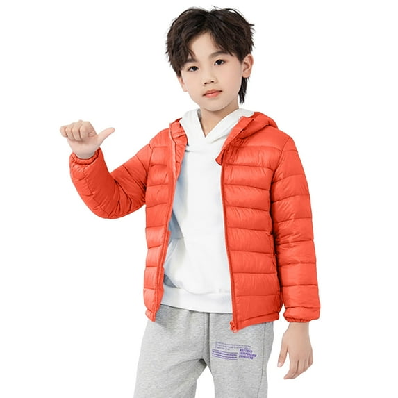 SGMVNU Hooded Puffer Jacket for Boys Girls, Light Weight Packable Down-Alternative Warm Coat, Winter Outerwear for Kids, Zipper Puffer Jackets with Pockets, Orange, 6-7 Years