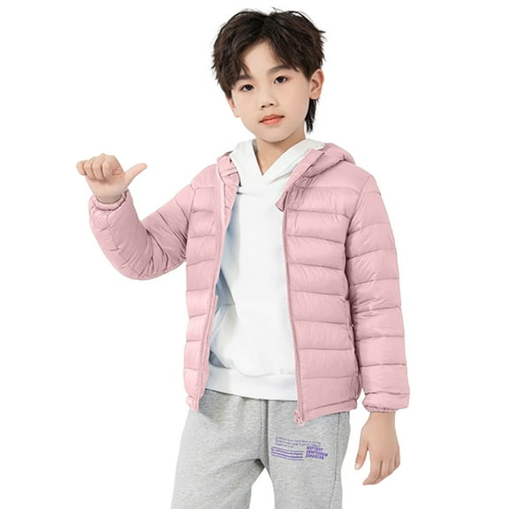 SGMVNU Hooded Puffer Jacket for Boys Girls, Light Weight Packable Down-Alternative Warm Coat, Winter Outerwear for Kids, Zipper Puffer Jackets with Pockets, Pink, 4-5 Years