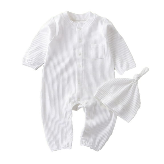 SGMVNU Boys Girls Clothes Set Baby Romper Hat Ribbed Knit Long Sleeve Button Solid Bodysuit Jumpsuit(Size 0-3 Months,White)