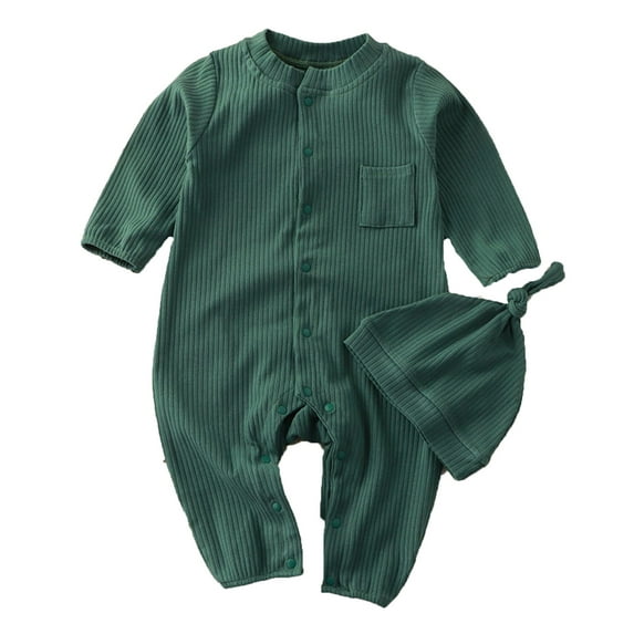 SGMVNU Boys Girls Clothes Set Baby Romper Hat Ribbed Knit Long Sleeve Button Solid Bodysuit Jumpsuit(Size 6-12 Months,Green)