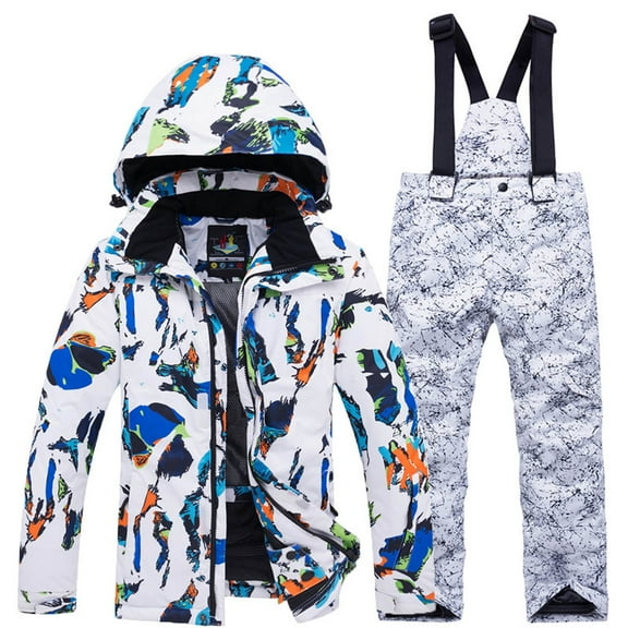 SGMVNU Kids 2 Piece Snowsuit Set Girl Winter Hooded Padded Jacket and Overall Bib Pants Boy Ski Suits Snowboard Outfit Size L White