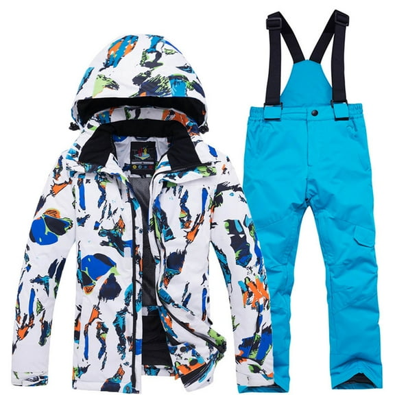 SGMVNU Kids 2 Piece Snowsuit Set Girl Winter Hooded Padded Jacket and Overall Bib Pants Boy Ski Suits Snowboard Outfit Size M Sky Blue
