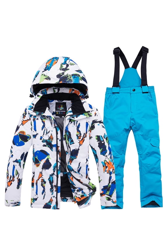 Kids 2 Piece Snowsuit Set Girl Winter Hooded Padded Jacket and Overall Bib Pants Boy Ski Suits Snowboard Outfit Size S Sky Blue