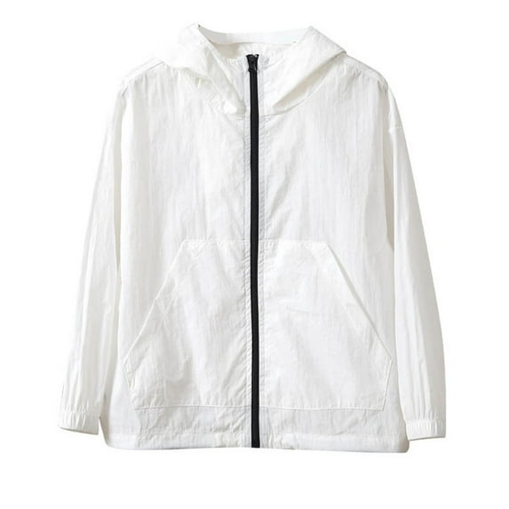 SGMVNU Kids Active Zipper Sun Protection Jacket with Pockets, Boys Girls Hooded Cooling Shirt Pockets, Fishing Running Outdoor Lightweight Jacket, White, 12-14 Years