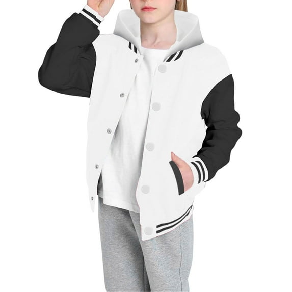SGMVNU Kids Baseball Jackets Boys Girls Team Uniform Long Sleeve Zipper Jacket with Pockets Everyday Casual School Cotton Classic Clothing, White, 1-2 Years
