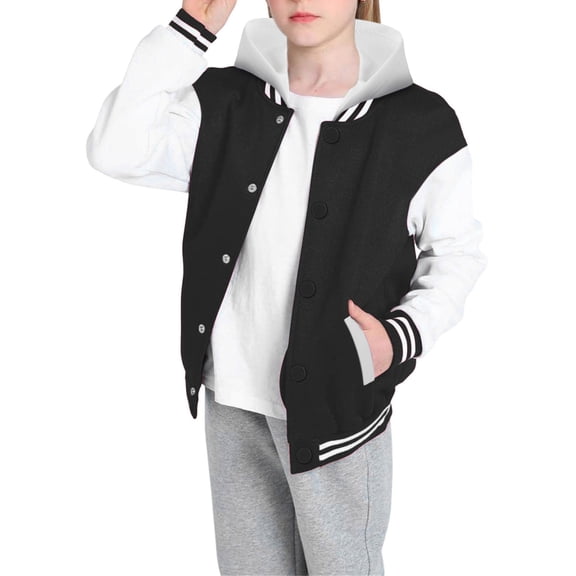 SGMVNU Kids Boys Baseball Jacket Sportwear Outerwear, Boys Button Down Hoodies Neck Sweatshirts, Bomber Jackets for Spring Fall(Size 5-6 Years,Black)