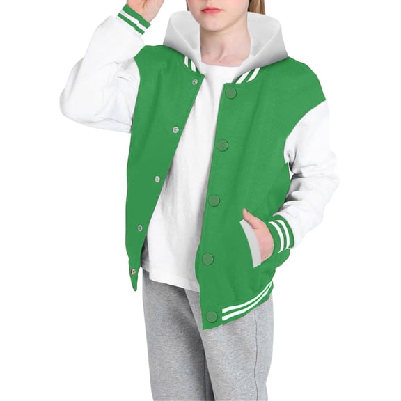 SGMVNU Kids Boys Baseball Jacket Sportwear Outerwear, Boys Button Down Hoodies Neck Sweatshirts, Bomber Jackets for Spring Fall(Size 9-10 Years,Green)