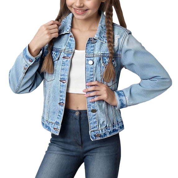 SGMVNU Kids Boys Girls Fall Winter Jacket Distressed Denim Jacket For Girls With Notched Collar Outerwear For Teen Girls And Preteen Casual Coat(Size 5-6 Years, Light Blue)